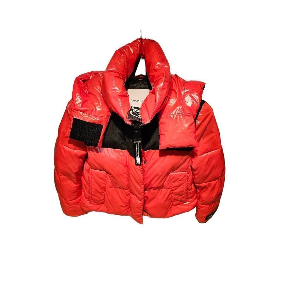 Calvin Klein Red Black Synthetic Cropped Puffer Coat